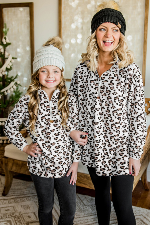 White Family Matching Girl's Leopard Quarter Zip Fleece Sweatshirt