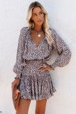 Leopard V Neck Long Sleeve Tie Waist Mini Dress