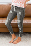 Gray Drawstring Elastic Waist Hole Ripped Jeans