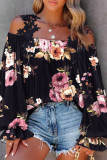 Black Floral Print Lace Patchwork Loose Cold Shoulder Blouse