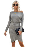 Crewneck Long Sleeve Shirred Split Bodycon Dress