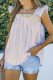 Sky Blue Embroidered Square Neck Striped Tank Top