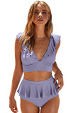 Purple Open Back Ruched Halter Top Shorts Tankini Set