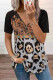 Leopard Pattern Patchwork Zip-up V Neck Short Sleeve T-shirt