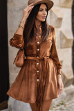 Brown Buttoned Lace-up High Waist Velvet Mini Dress
