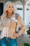 Brown Colorblock Leopard Ribbon Tie Blouse