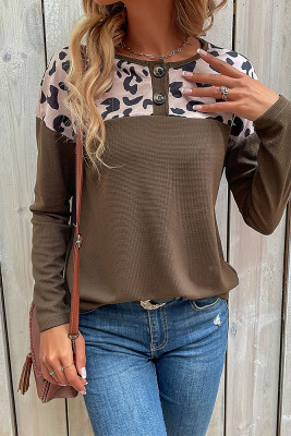 Leopard Patchwork Knitting Henley Top