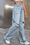 Plain Ripped High Waist Straight Jeans