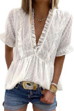 White Ruffled V Neck Frill Hem Swiss Dot Blouse