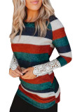 Orange Green Striped Lace Splicing Long Sleeve Top