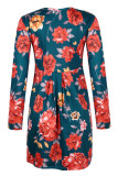 Blue Floral Pleated Long Sleeves Dress