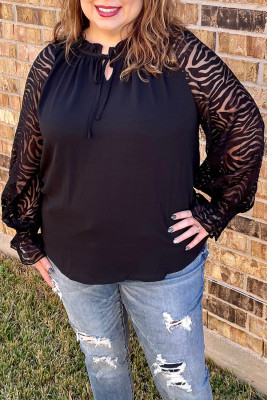 Black Plus Size Zebra Mesh Sleeve Blouse