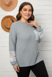 Gray Lace Patchwork Waffle Knit Plus Size Blouse