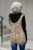 Leopard Print Stitching Half Zip Kangaroo Pocket Drawstring Hoodie