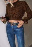 Spot Print Ruffle Neck Back Hollow Out Long Sleeves Crop Top