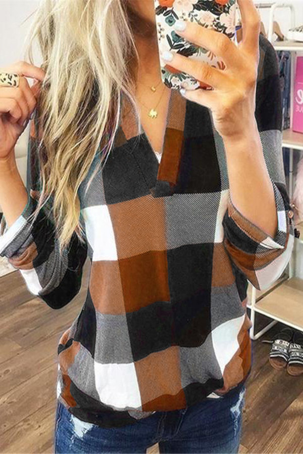 Orange Contrast Plaid V Neck Long Sleeve Top