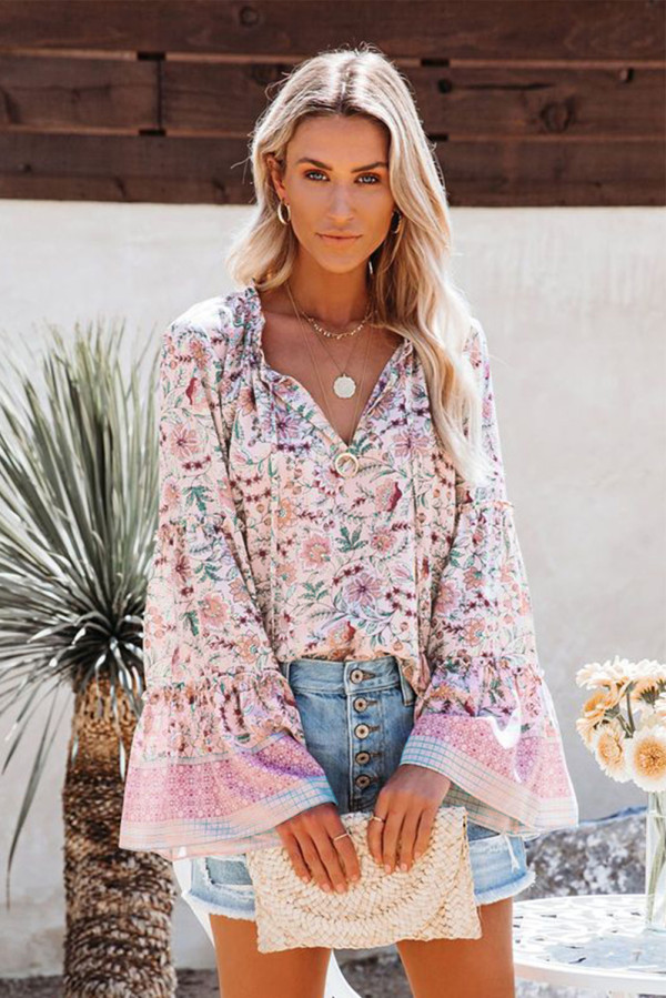 Pink Floral Print V Neck Drawstring Flared Sleeve Top
