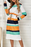 Green Multicolor Block Drawstring Waist Long Sleeve Midi Dress