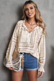 Beige V Neck Lantern Sleeve Drawstring Tribal Print Top