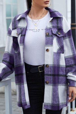Geometric Plaid Pocketed Buttons Jackets