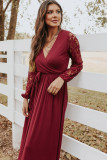 Red Lace Sleeve Faux Wrap Belted Maxi Dress