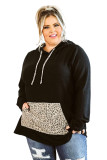 Black Plus Size Hoodie with Leopard Pocket