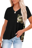 Black Women's Casual Camo Printed Splicing Pullover Pocket T-shirt