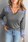 Gray Aztec Patch Button V Neck Blouse