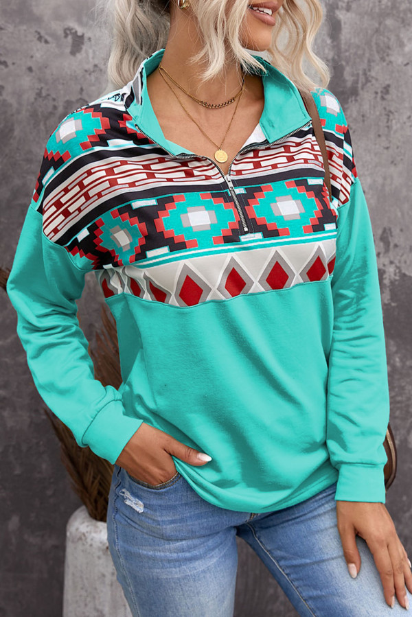 Aztec Print Colorblock Zipper Collar Sweatshirt