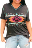 Gray Aztec Geometric Print V Neck Tee