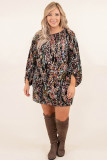Blackish Plant Print Balloon Sleeve Curvy Dress