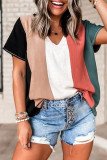 Multicolor Colorblock V Neck Short Sleeve Top