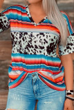 Cow Print Patchwork V Neck Short Sleeve Tops Unishe Wholesale