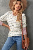 Waffle Knit Colorblock Buttoned Cuff Long Sleeve Blouse