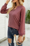 Lace Crochet Sleeves V Neck Waffle Knit Top