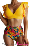 Yellow Floral Ruffled Hem High Waist Bikini Set
