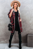 Wine Red Lapel Collar Geometric Print Knit Cardigan