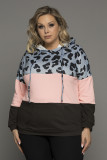 Plus Size Leopard Colorblock Splicing Hoodie with Pocket