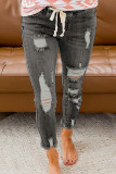 Gray Drawstring Elastic Waist Hole Ripped Jeans