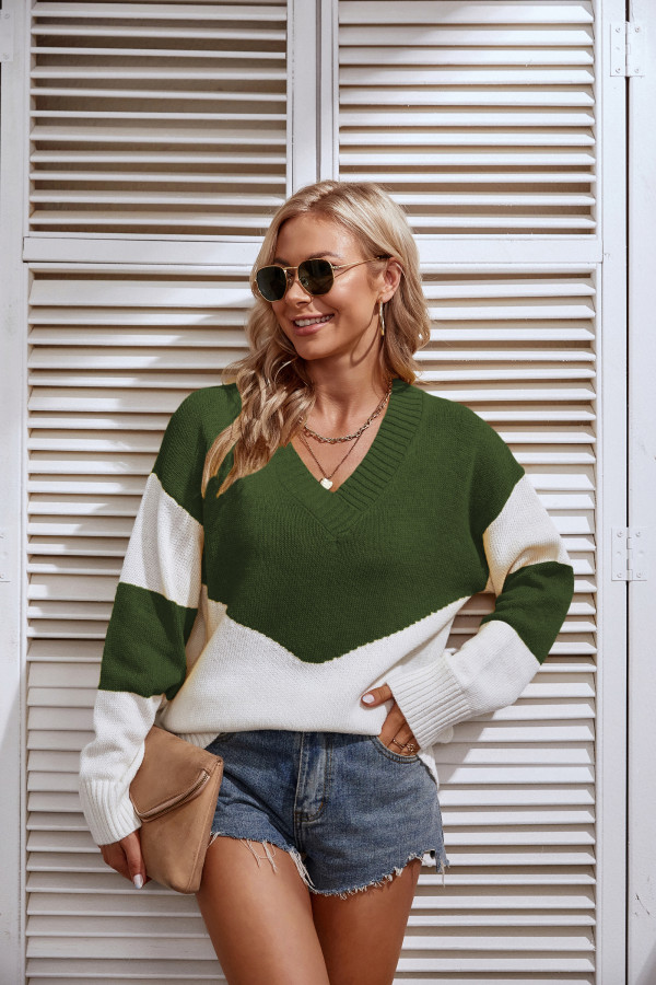 V Neck Wave Color Block Pullover Sweaters