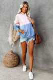 Sky Blue Dip-Dye Colorblock Drawstring Hoodie with Pockets