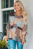Leopard Colorblock V Neck 3/4 Sleeve Blouse
