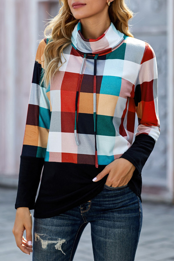 Red Plaid Turtle Neck Long Sleeve Sweatshirt