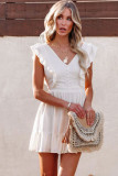 White V Neck Ruffles Open Back A-line Mini Dress