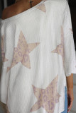 White Leopard Star Waffle Knit Long Sleeve Top