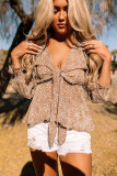 Brown Floral Print Front Tie Ruffled Long Sleeve Blouse