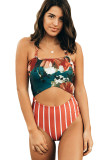 Orange Floral Print Patchwork Stripes One-piece Swimsuit
