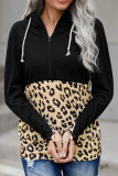Leopard Print Stitching Half Zip Kangaroo Pocket Drawstring Hoodie