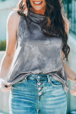 Gray Tie Dye Print Seamed Crew Neck Tank Top
