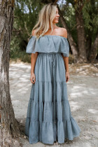 Sky Blue Off Shoulder Ruffle Swiss Dot Maxi Dress